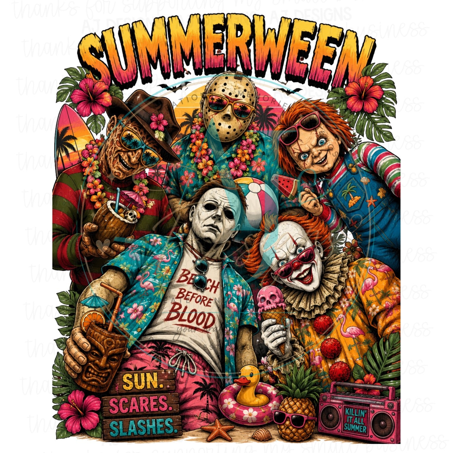 Summerween horror characters tropical beach PNG design