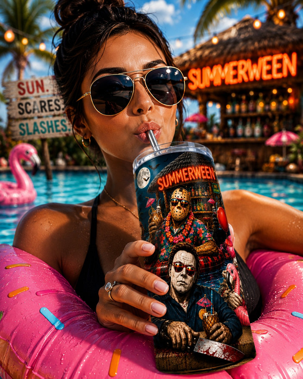 Summerween horror 20 oz straight tumbler wrap PNG lifestyle mockup
