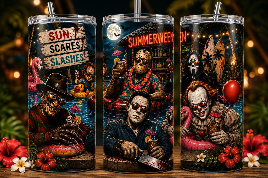 Summerween horror 20 oz straight tumbler wrap design mockup