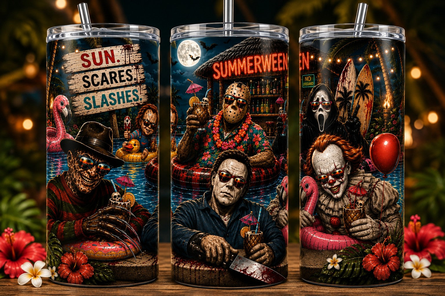 Summerween horror 20 oz straight tumbler wrap design mockup
