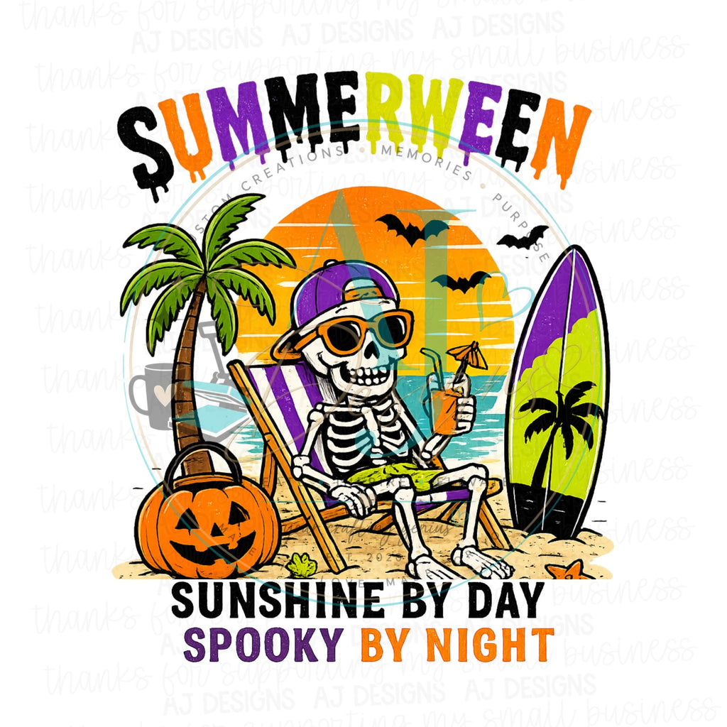 Sunshine by Day Spooky by Night skeleton beach PNG