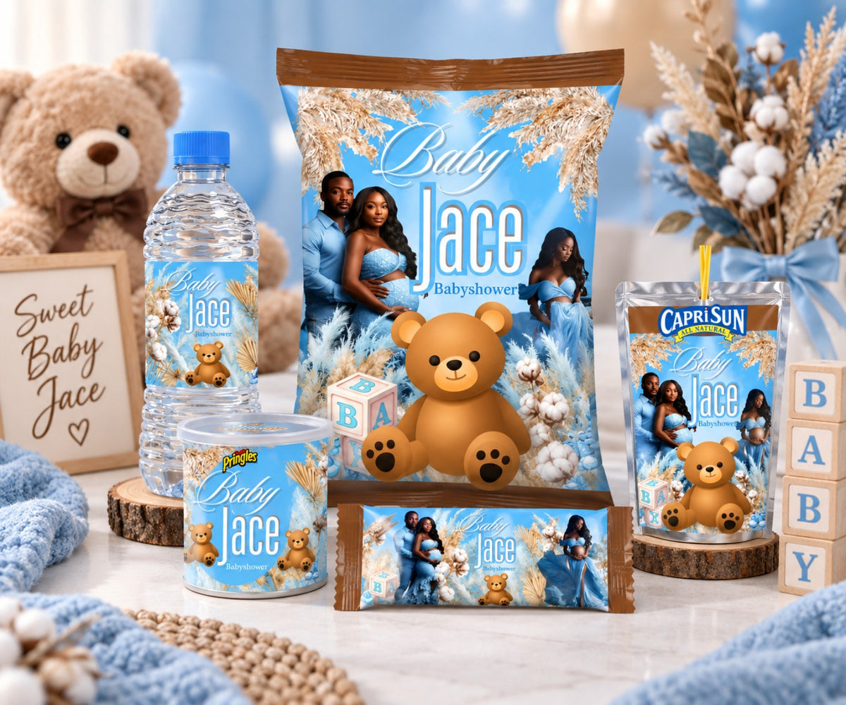 Editable Canva teddy bear baby shower favor templates in blue and brown