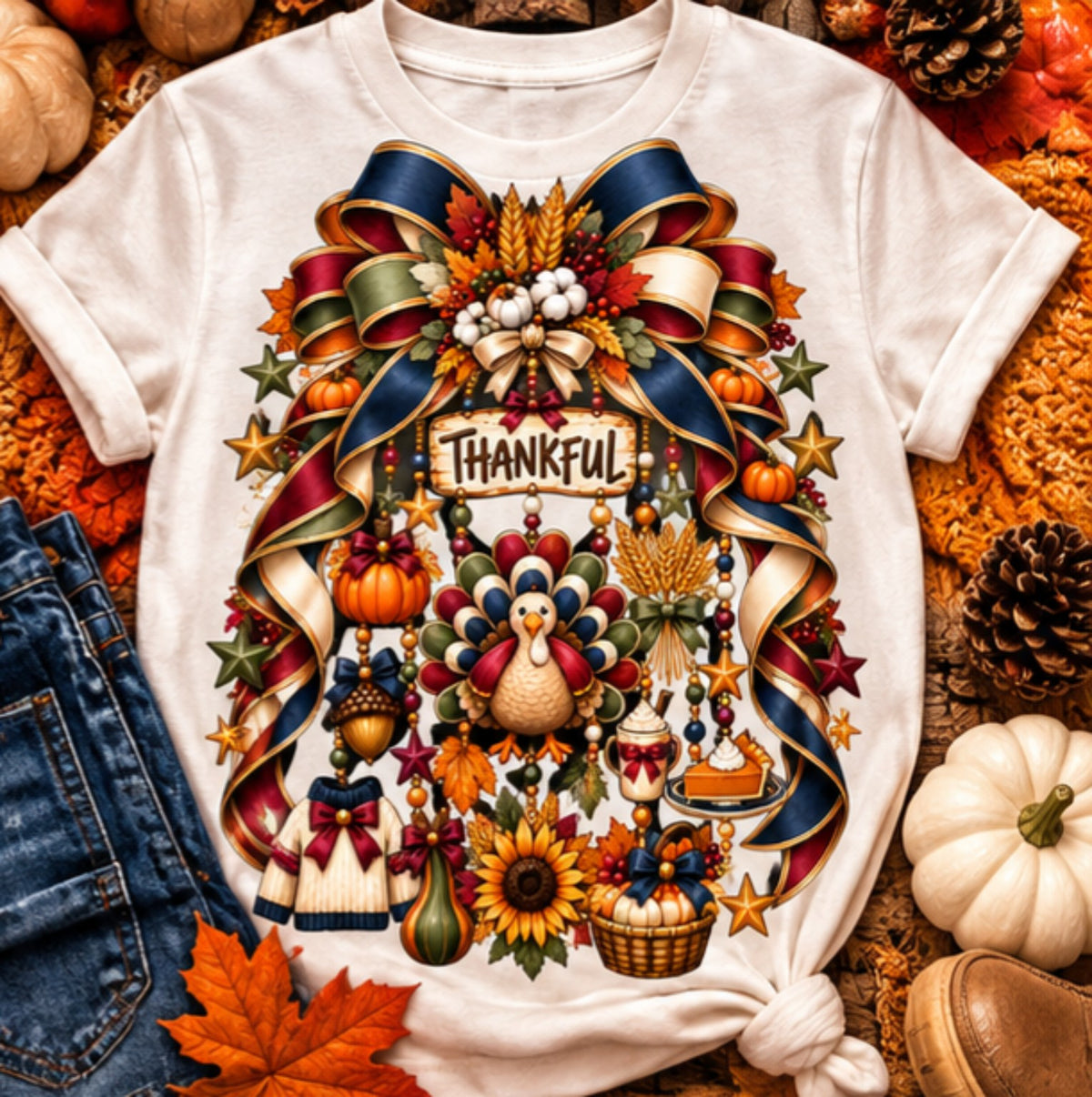 Thankful Thanksgiving turkey fall ribbon wreath digital PNG design