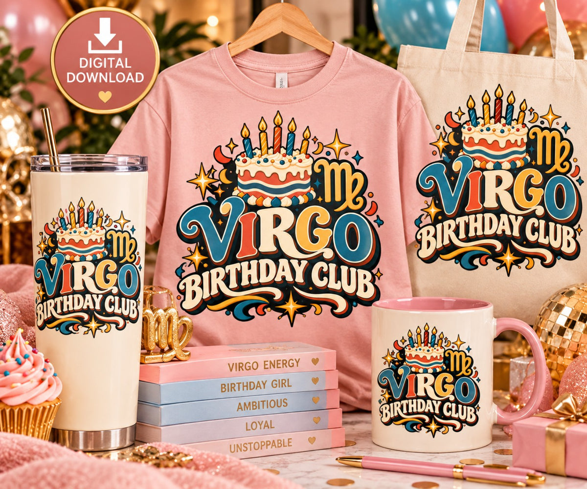 Virgo Birthday Club zodiac PNG design with birthday cake and candles